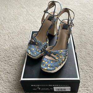 White House Black Market lemon print satin strappy sandals, size 7